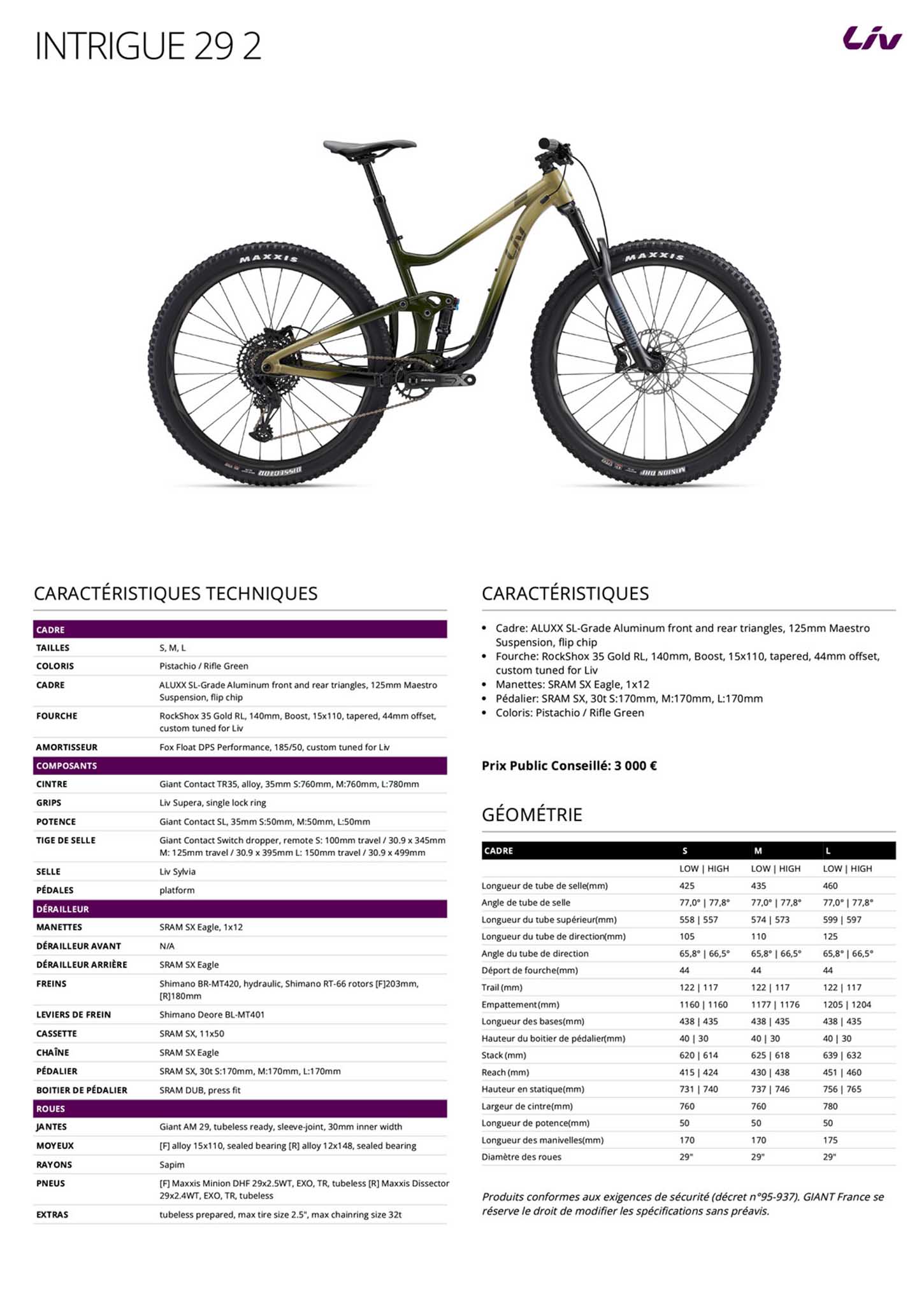 Fiche technique du velo Intrigue 29 2 année 2022